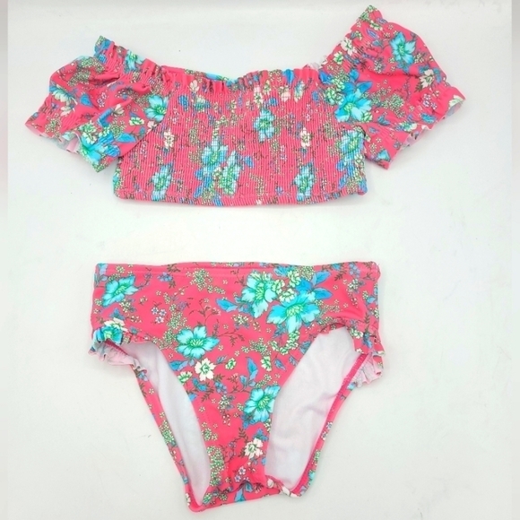 JANIE AND JACK FLORAL PUFF SLEEVE 2-PIECE SWIMSUIT IN PINK TART FLORAL SIZE 4 - Picture 2 of 15